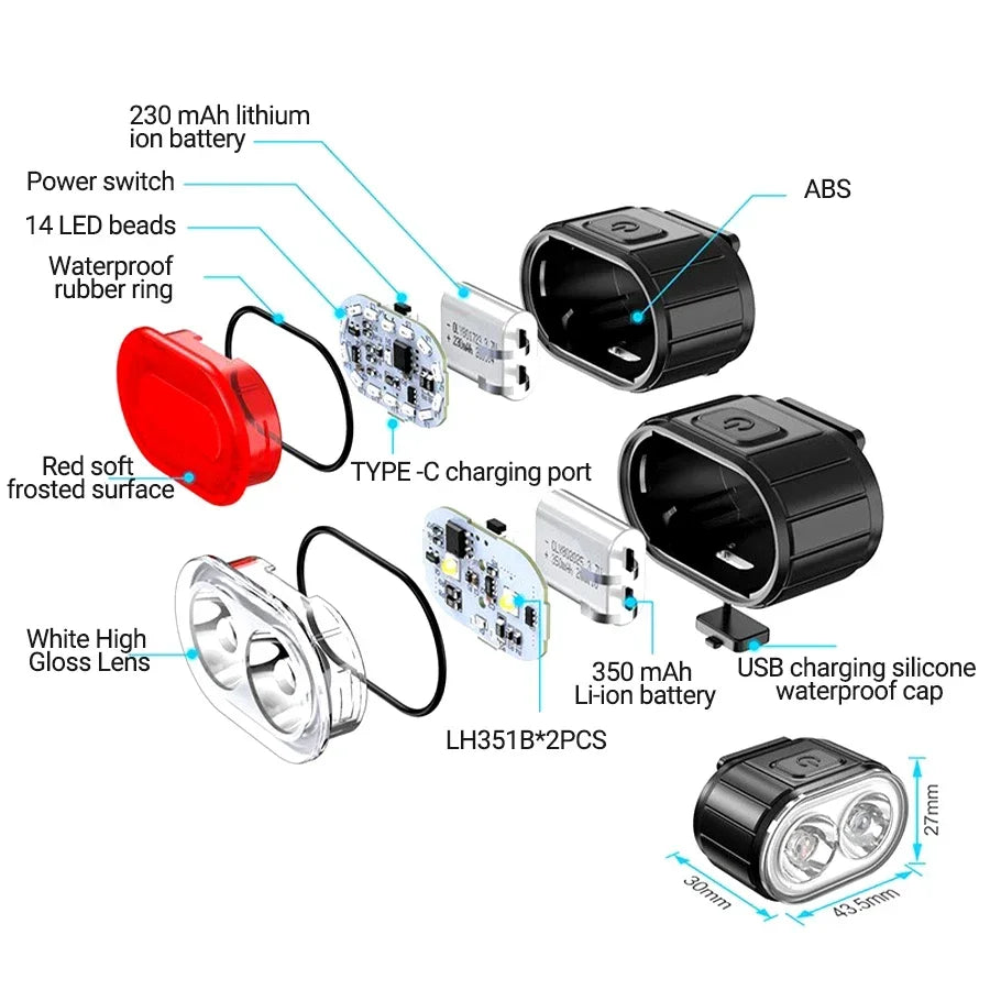 Front Rear Bike Lights Rechargeable Bicycle Cycling USB Flashlight for