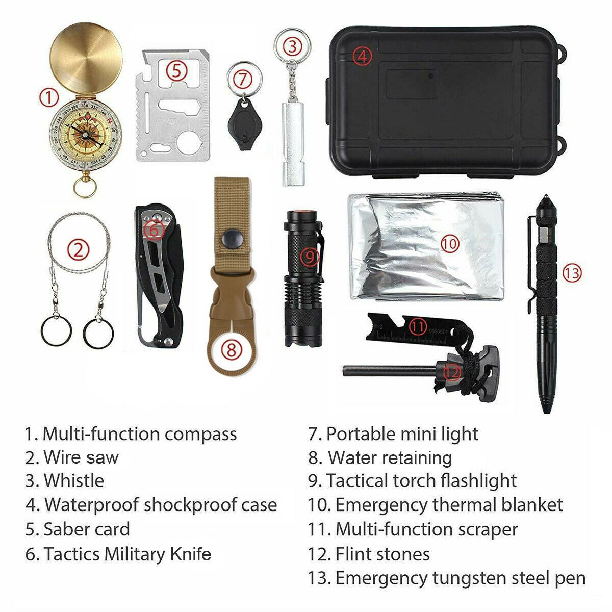 14 Pc Outdoor Emergency Survival And Safety Gear Kit Camping